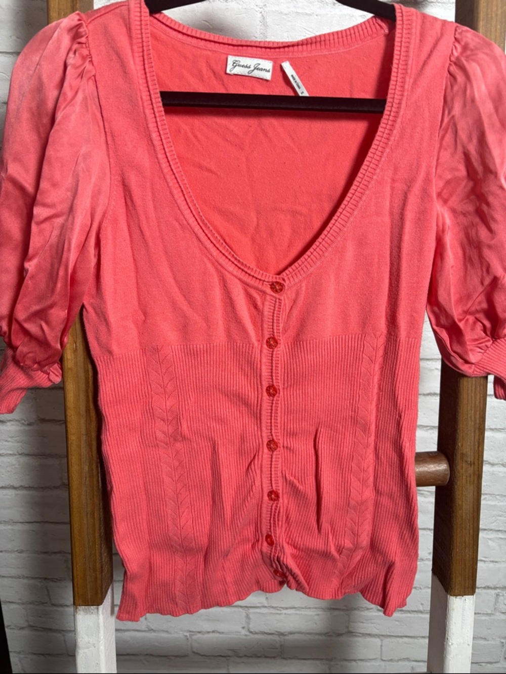 Guess Coral Button-Front Puff-Sleeve Top